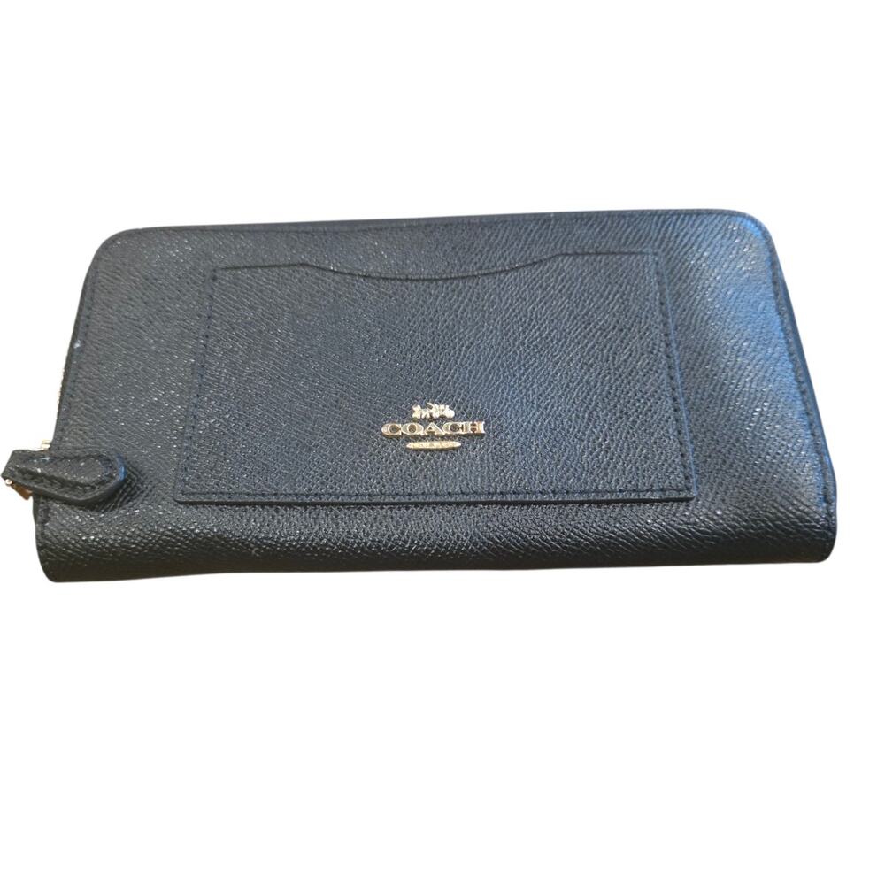 COACH Accordion Zip Around Wallet Black Crossgrain Leather Gold Tone 7.5" x 4"